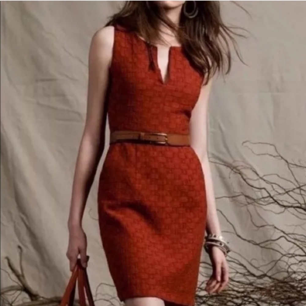Anthropologie Tabitha Basketweave Textured Lined Pockets Dress 4 Quilted Rust - Picture 3 of 16